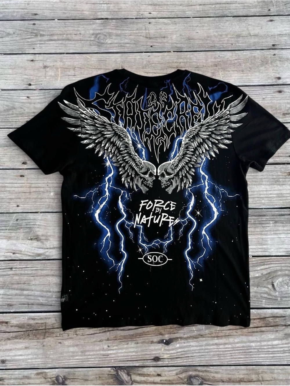 Black Graphic Short-Sleeve Tee with Wing & Lightning Back Print